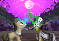 Size: 2315x1637 | Tagged: safe, artist:trotsworth, character:doctor whooves, character:time turner, character:zecora, species:earth pony, species:pony, species:zebra, crossover, doctor who, duo, female, male, mare, mare in the moon, moon, night, sonic screwdriver, stallion, the doctor, twilight (astronomy)