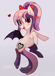 Size: 722x995 | Tagged: safe, artist:hikariviny, oc, oc only, oc:sweet velvet, species:bat pony, species:pony, female, gift art, heart, looking at you, mare, open mouth, simple background, smiling, solo