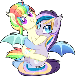 Size: 1463x1480 | Tagged: safe, artist:sugguk, oc, oc only, oc:moonlight waves, oc:shimmering skies, species:bat pony, species:pony, bat pony oc, female, mare, nose piercing, nose ring, piercing, rainbow hair, simple background, transparent background