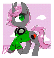 Size: 2590x2803 | Tagged: safe, artist:sorasku, oc, oc only, oc:charcoal serenity, species:pony, species:unicorn, clothing, female, goggles, high res, hoodie, mare, solo