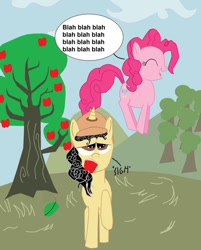 Size: 802x996 | Tagged: safe, artist:eagc7, character:pinkie pie, oc, oc:curly fries, annoyed, apple, dialogue, food, jumping, text, tree
