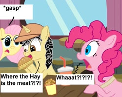 Size: 1025x815 | Tagged: safe, artist:eagc7, character:fluttershy, character:pinkie pie, oc, oc:curly fries, burger, clothing, comic, cup, dialogue, drink, food, hamburger, hat, hay burger, text