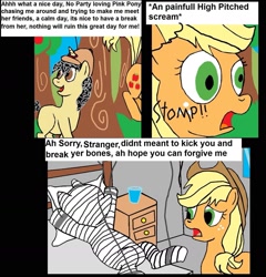 Size: 1507x1569 | Tagged: safe, artist:eagc7, character:applejack, oc, oc:curly fries, accident, bandage, bed, body cast, broken bone, bucking, cast, cup, hospital, hospital bed, tree, water