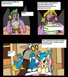 Size: 1497x1689 | Tagged: safe, artist:eagc7, character:discord, character:fluttershy, character:spike, species:dragon, bed, book, caring for the sick, claws, dialogue, fluttershy's cottage, mountain, nest, parody, rocky, sick, text, the fairly oddparents