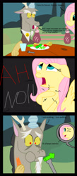 Size: 1433x3281 | Tagged: safe, artist:eagc7, character:discord, character:fluttershy, broccoli, carrot, comic, cup, cup of water, dialogue, food, fork, green bean, heart attack, parody, plate, plates, prank, table, text, the penguins of madagascar, tomato, vegetables, water
