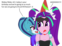 Size: 2050x1522 | Tagged: safe, artist:eagc7, character:aria blaze, character:sonata dusk, my little pony:equestria girls, bare arms, bare shoulders, birthday, clothing, hat, pajamas, party hat, screaming, shirt, sleep mask, sleeveless, t-shirt, tank top, the dazzlings