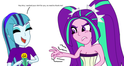 Size: 2443x1303 | Tagged: safe, artist:eagc7, character:aria blaze, character:sonata dusk, my little pony:equestria girls, angry, bare arms, bare shoulders, clothing, happy, headband, jacket, shirt, shrunk, shrunk clothing, sleeveless, smiley face, strapless, strapless shirt, t-shirt, the dazzlings