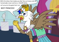 Size: 1343x955 | Tagged: safe, artist:eagc7, oc, oc only, oc:silver quill, best princess, burger king crown, clothing, crossdressing, crown, dialogue, dress, jewelry, paper roll, princess, regalia, tape, text