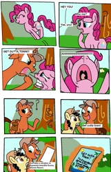 Size: 1192x1846 | Tagged: safe, artist:eagc7, character:pinkie pie, oc, oc:curly fries, species:pony, bald, comic, confused, dialogue, jumping, magic, nose in the air, paper, parody, scared, screaming, spongebob squarepants, text, that's no lady, tree, yelling