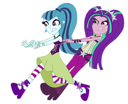 Size: 992x805 | Tagged: safe, artist:eagc7, character:aria blaze, character:sonata dusk, my little pony:equestria girls, angry, bare arms, bare shoulders, caught, clothes swap, clothing, dress, female, high heels, leggings, pigtails, ponytail, running, running away, running in place, scared, shoes, simple background, skirt, sleeveless, sleeveless dress, strapless, strapless shirt, the dazzlings, transparent background, twintails