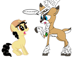Size: 1016x786 | Tagged: safe, artist:eagc7, oc, oc only, oc:curly fries, oc:tyandaga, species:deer, species:pony, species:unicorn, awestruck, big eyes, clothing, confused, hat, male, non-pony oc, puppy dog eyes, shock, shocked, simple background, stallion, transparent background
