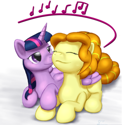 Size: 1930x1989 | Tagged: safe, artist:stillwaterspony, character:adagio dazzle, character:twilight sparkle, character:twilight sparkle (alicorn), species:alicorn, species:pony, ship:adagilight, cover art, eyes closed, female, holding hooves, humming, lesbian, ponified, shipping, wing hold