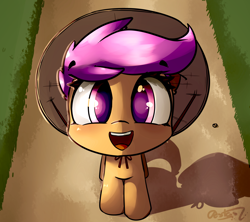 Size: 3708x3288 | Tagged: safe, artist:bloodatius, character:scootaloo, species:pegasus, species:pony, clothing, conical hat, cute, cutealoo, female, filly, hat, looking at you, open mouth, pathway, shadow, smiling, solo