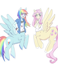 Size: 800x1000 | Tagged: safe, artist:misochikin, character:fluttershy, character:rainbow dash, species:centaur, species:human, my little pony:equestria girls, blushing, centaurdash, centaurshy, clothing, duo, female, floating, flying, hand on hip, horse, pegataur, pixiv, ponytaur, simple background, spread wings, tank top, white background, wings