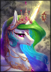 Size: 1240x1753 | Tagged: safe, artist:begasus, character:princess celestia, species:alicorn, species:pony, art trade, beautiful, bust, crown, curved horn, detailed, ear fluff, eyeshadow, female, forest background, glowing horn, grin, horn jewelry, jewelry, levitation, magic, makeup, mare, necklace, peytral, portrait, regalia, signature, smiling, solo, telekinesis, tiara, wing fluff, wing jewelry