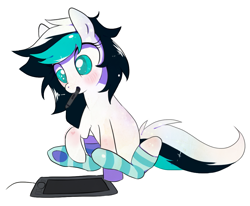 Size: 1037x854 | Tagged: safe, artist:sorasku, oc, oc only, oc:cruton, species:earth pony, species:pony, clothing, colored pupils, female, mare, mouth hold, simple background, socks, solo, striped socks, tablet, transparent background