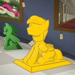 Size: 4000x3985 | Tagged: safe, artist:icaron, oc, oc only, oc:sylvan, species:pegasus, species:pony, art gallery, bondage, encasement, gold, inanimate tf, objectification, show accurate, show accurate porn, statue, transformation