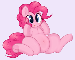 Size: 978x791 | Tagged: dead source, safe, artist:toroitimu, character:pinkie pie, belly button, chest fluff, chubby, cute, diapinkes, eye clipping through hair, featureless crotch, female, frog (hoof), open mouth, simple background, solo, underhoof
