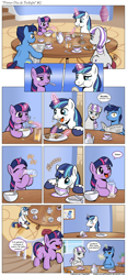Size: 1200x2595 | Tagged: safe, artist:frank1605, artist:muffinshire, character:night light, character:shining armor, character:twilight sparkle, character:twilight velvet, comic:twilight's first day, episode:slice of life, g4, my little pony: friendship is magic, bomb ass tea, breakfast, comic, egg, filly, juice, newspaper, spanish, sparkle family, tea, teacup, toast, translation