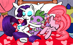 Size: 1280x800 | Tagged: safe, artist:cabrony, artist:lumdrop, edit, character:pinkie pie, character:rarity, character:spike, species:dragon, bed, color edit, colored, cute, implied shipping, implied sparity, implied straight, sleeping, spike plushie
