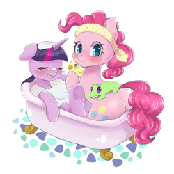 Size: 1200x1200 | Tagged: safe, artist:ayahana, character:gummy, character:pinkie pie, character:twilight sparkle, balloonbutt, bath, bathtub, claw foot bathtub, cute, duo, duo female, female, plot, rubber duck