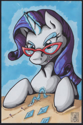 Size: 570x855 | Tagged: safe, artist:stormblaze-pegasus, character:rarity, species:pony, female, glasses, glowing horn, magic, mare, sewing, sewing needle, simple background, smiling, solo, traditional art