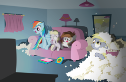 Size: 6215x4037 | Tagged: safe, artist:trotsworth, character:derpy hooves, character:dinky hooves, character:pipsqueak, character:rainbow dash, species:pegasus, species:pony, absurd resolution, couch, female, i just don't know what went wrong, living room, mare, messy, movie, movie night, popcorn, swamp thing, television, varying degrees of want