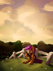 Size: 3000x4000 | Tagged: safe, artist:bloodatius, character:derpy hooves, character:rainbow dash, character:scootaloo, species:pegasus, species:pony, bass guitar, cloud, commission, fence, flying, forest, musical instrument, scenery, sitting, tree