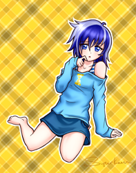 Size: 1208x1534 | Tagged: safe, artist:superkeen, character:minuette, species:human, barefoot, clothing, cute, denim skirt, feet, female, humanized, kneeling, legs, looking at you, moe, skirt, solo, sweater