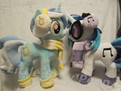 Size: 1200x900 | Tagged: safe, artist:little-broy-peep, character:dj pon-3, character:lyra heartstrings, character:vinyl scratch, accessories, boots, clothing, headphones, irl, photo, plushie, scarf