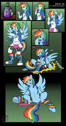 Size: 2540x4850 | Tagged: safe, artist:stormblaze-pegasus, character:rainbow dash, species:pegasus, species:pony, my little pony:equestria girls, absurd resolution, alice in wonderland, belly button, boop, boots, bracelet, clothing, comic, compression shorts, dock, drink me, elixir, human to pony, midriff, parody, pony ears, ponytail, rainbow socks, self-boop, sitting, skirt, skirt lift, socks, striped socks, torn clothes, transformation, underhoof, wings, wristband