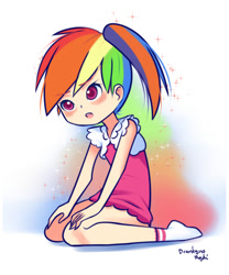 Size: 720x864 | Tagged: safe, artist:drantyno, character:rainbow dash, species:human, alternate hairstyle, blushing, clothing, cute, dashabetes, dress, female, humanized, light skin, rainbow dash always dresses in style, short dress, side ponytail, solo, younger