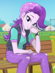 Size: 880x1170 | Tagged: safe, artist:ta-na, character:starlight glimmer, equestria girls:mirror magic, g4, my little pony: equestria girls, my little pony:equestria girls, spoiler:eqg specials, bench, clothing, cute, eyeshadow, female, glimmerbetes, houses, looking at you, makeup, pants, shirt, smiling, solo, vest, watch, wristwatch