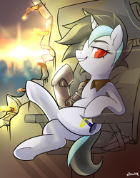 Size: 1800x2300 | Tagged: safe, artist:renokim, oc, oc only, species:pony, species:unicorn, chair, colored pupils, crossed legs, female, hole in the wall, lidded eyes, looking at you, mare, post-apocalyptic, profile, prosthetic limb, prosthetics, shit eating grin, sitting, smiling, smug, solo, sunrise