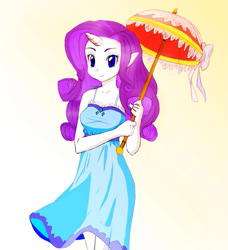 Size: 913x1000 | Tagged: safe, artist:cabrony, artist:pimmy, edit, character:rarity, species:human, clothing, color edit, colored, dress, elf ears, female, gradient background, horned humanization, humanized, solo, sundress, umbrella
