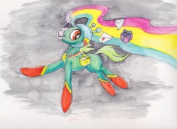 Size: 2320x1691 | Tagged: safe, artist:scribblepwn3, species:pony, species:unicorn, crossover, helmet, mail, mailbag, painting, pen drawing, rainbow, solo, space unicorn, traditional art, watercolour