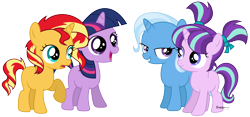 Size: 13488x6320 | Tagged: safe, artist:suramii, character:starlight glimmer, character:sunset shimmer, character:trixie, character:twilight sparkle, species:pony, species:unicorn, absurd resolution, counterparts, female, filly, filly starlight glimmer, filly sunset shimmer, filly trixie, filly twilight sparkle, magical quartet, magical trio, mare, simple background, transparent background, twilight's counterparts, vector, younger