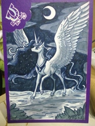 Size: 1024x1365 | Tagged: safe, artist:begasus, character:princess luna, species:alicorn, species:pony, big wings, cloud, crescent moon, crown, female, jewelry, mare, moon, night, raised hoof, regalia, solo, starry night, stars, traditional art, transparent moon, wings