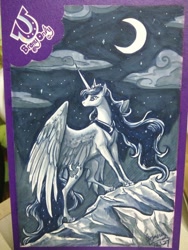 Size: 1024x1365 | Tagged: safe, artist:begasus, character:princess luna, species:alicorn, species:pony, big wings, cloud, crescent moon, crown, female, jewelry, mare, moon, night, regalia, signature, solo, starry night, stars, traditional art, transparent moon, wings