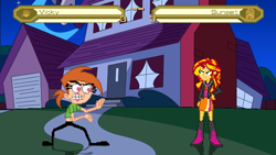 Size: 640x360 | Tagged: safe, artist:toonalexsora007, character:sunset shimmer, my little pony:equestria girls, belly button, boots, clothing, crossover, hand on hip, high heel boots, house, jacket, leather jacket, midriff, mugen, night, skirt, the fairly oddparents, vicky