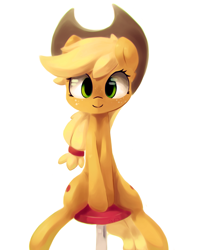 Size: 3947x4840 | Tagged: safe, artist:bloodatius, character:applejack, species:earth pony, species:pony, absurd resolution, clothing, cowboy hat, cute, female, freckles, green eyes, hat, jackabetes, looking at you, mare, simple background, sitting, solo, stetson, white background