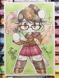 Size: 1536x2048 | Tagged: safe, artist:mosamosa_n, character:raven inkwell, clipboard, clothing, glasses, green background, ink, quill, school uniform, schoolgirl, semi-anthro, simple background, solo, traditional art
