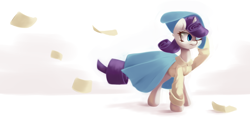 Size: 7500x3600 | Tagged: safe, artist:bloodatius, character:rarity, species:pony, absurd resolution, clothing, dress, female, one eye closed, paper, shirt, solo
