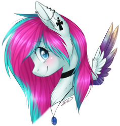Size: 840x886 | Tagged: safe, artist:doekitty, oc, oc only, oc:bloody cupcake, species:pegasus, species:pony, blushing, cross, ear piercing, earring, female, gift art, jewelry, looking back, mare, piercing, simple background, solo, transparent background