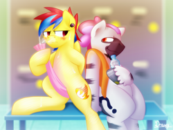 Size: 1600x1200 | Tagged: safe, artist:timidwithapen, oc, oc only, oc:blazing hooves, oc:curly heliotrope, species:zebra, annoyed, blushing, bottle, cleaning, drying, gay, male, smiling, smirk, steamy, sweat, towels