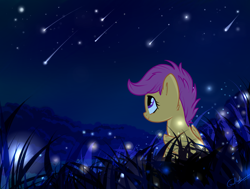 Size: 3700x2800 | Tagged: safe, artist:rutkotka, character:scootaloo, species:pegasus, species:pony, cute, cutealoo, featured on derpibooru, female, filly, firefly, grass, looking up, night, scenery, scenery porn, shooting star, smiling, solo, starry night, stars