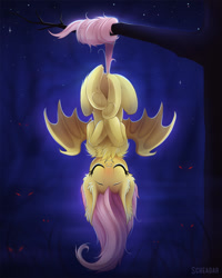 Size: 800x1000 | Tagged: safe, artist:scheadar, character:flutterbat, character:fluttershy, species:bat pony, species:pony, behaving like a bat, blushing, chest fluff, cute, ear fluff, eyes closed, fangs, female, hanging, mare, night, prehensile tail, race swap, shyabates, shyabetes, smiling, solo, spread wings, suspended, tail wrap, tree, tree branch, underhoof, upside down, wings