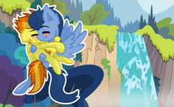 Size: 1280x791 | Tagged: safe, artist:sapphireartemis, base used, character:spitfire, character:wave chill, species:pony, blushing, carrying, hug, shipping, waterfall, wavefire