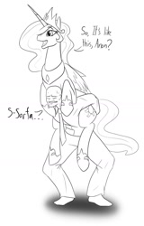 Size: 894x1399 | Tagged: safe, artist:mistermech, character:princess celestia, oc, oc:anon, species:alicorn, species:human, species:pony, clothing, crown, dialogue, horseshoes, jewelry, monochrome, necktie, open mouth, peytral, piggyback ride, ponies riding humans, regalia, riding, shirt, smiling, socks, struggling, sweat