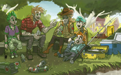 Size: 1000x625 | Tagged: safe, artist:theartrix, character:big mcintosh, character:braeburn, character:snails, character:snips, character:spike, species:human, cider, converse, dappled sunlight, fishing, grass, humanized, male, shoes, sitting, tree